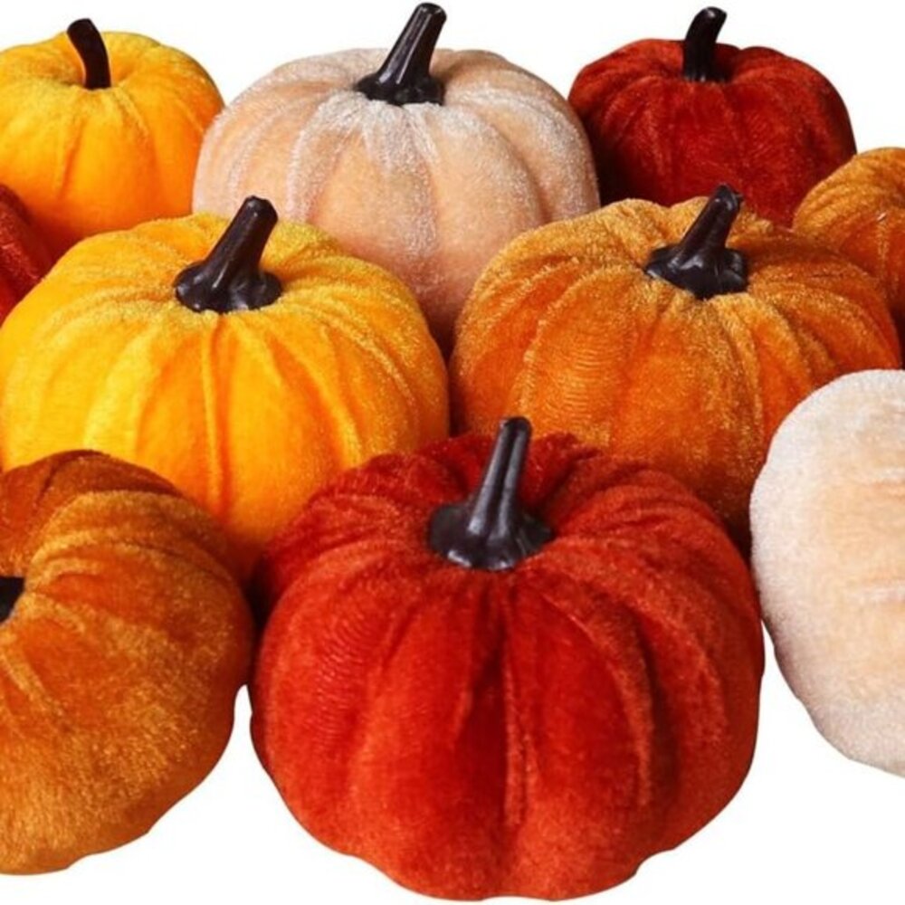 12 Velvet Foam Pumpkins - Fall Home Decor, Thanksgiving Table, Artificial Orange